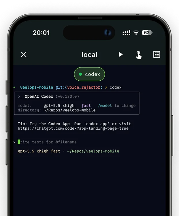 Veelops mobile terminal screen with an active coding session.